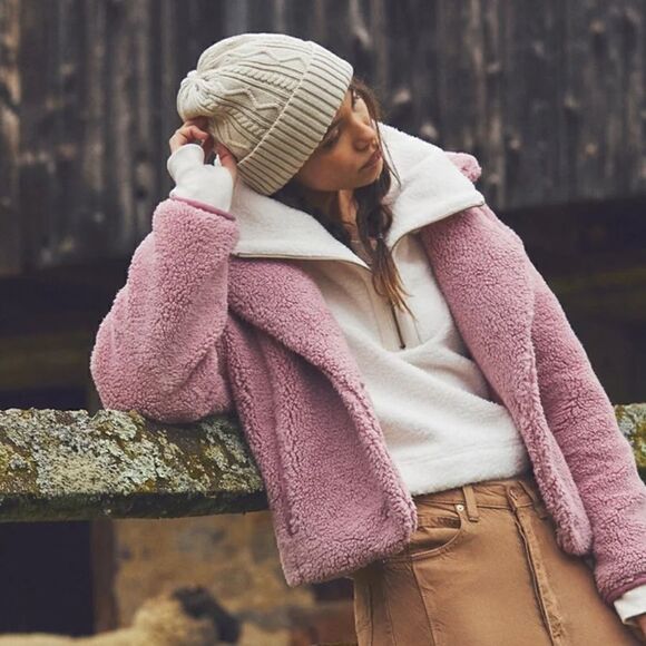 NWT Free People Joplin Cozy Jacket Smoked Pink Faux Fur Slouchy Relaxed Collar - Picture 1 of 17